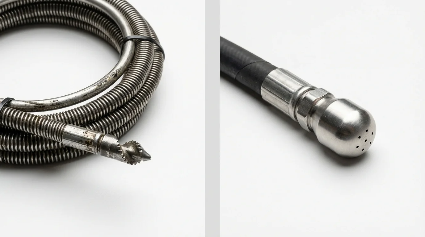 Drain snake cable and hydro jetting nozzle used for drain cleaning in San Francisco, CA