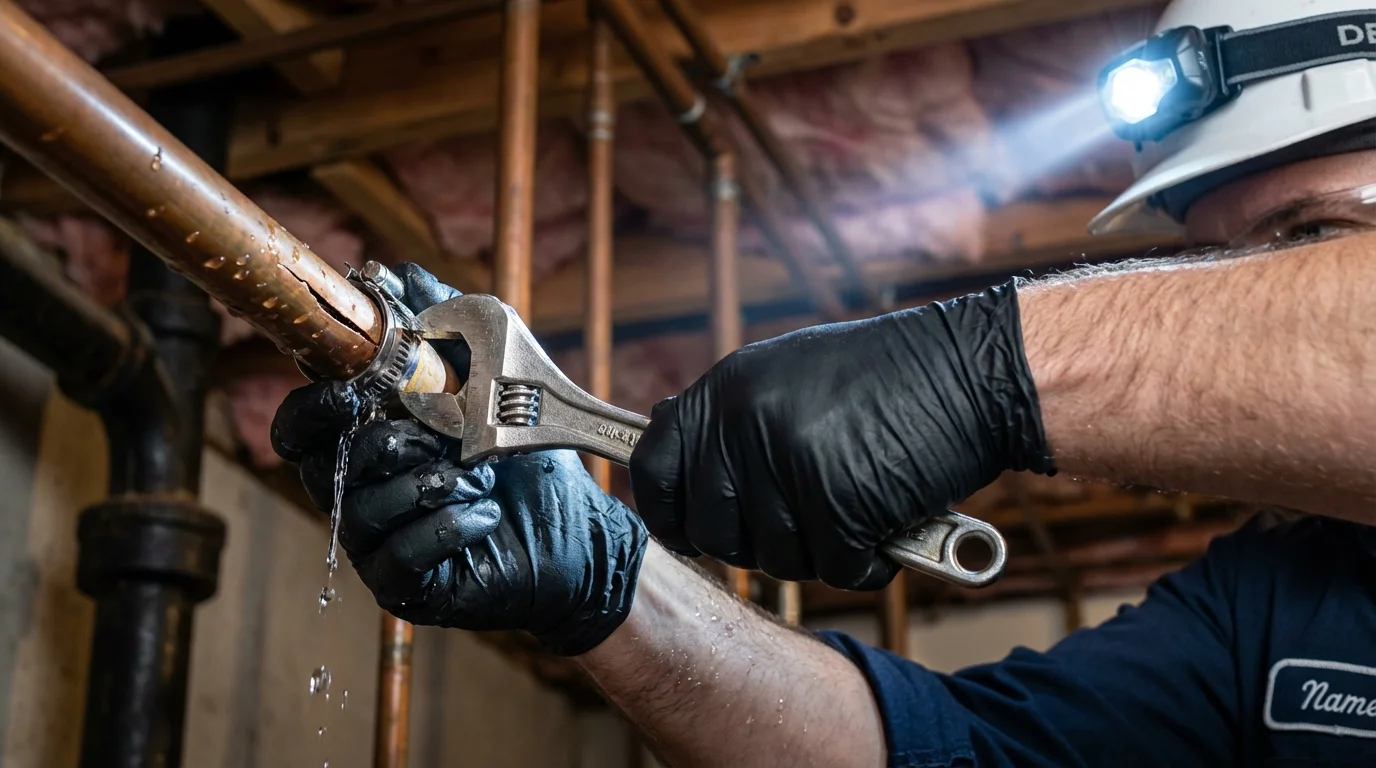 Emergency pipe clamp repair being performed by a Johns Plumbing LLC plumber in San Francisco