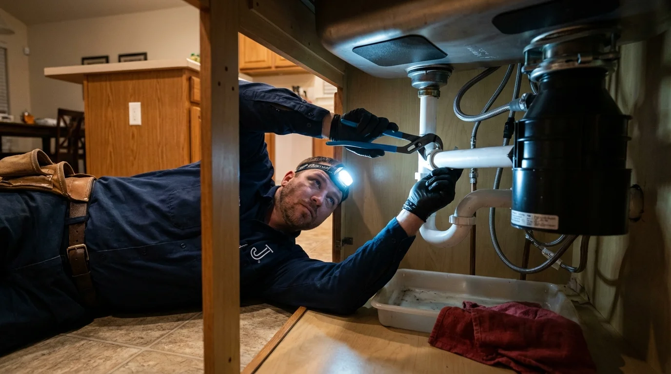 P-trap and supply line connections under a kitchen sink showing a common leak point in San Francisco, CA